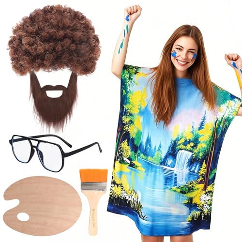 Kyson 80er Jahre Maler Landschaft Kostüm Halloween Paar Kostüm Set Künstler Malerei Baum Tunika Perücke Bart Palette Pinsel Brille (Set A-6 Stück) von Kyson