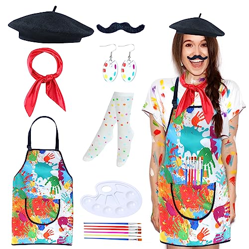 Kyson Künstler-Kostüm für Erwachsene, 8-teilig, Maler, Halloween, Verkleiden mit Baskenmütze, Schürze, Palette, Pinsel, Ohrringe, Bandana, Bart (Malmuster-Schürze) von Kyson
