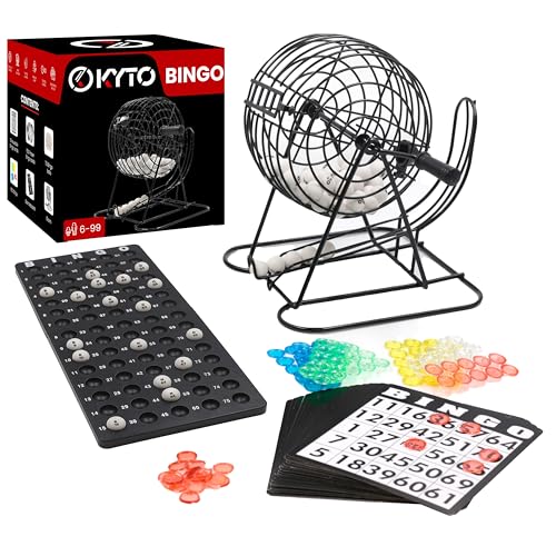 Bingo Spiel Metalltrommel 18 Bingotickets 75 Bingo Kugeln 150 Chips Spielbrett + 500 Bingokarten schwarz Erwachsene Kinder von Kyto