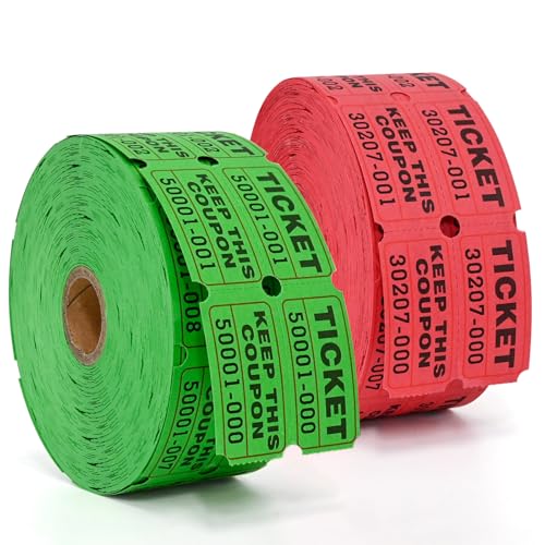 L LIKED 2000 Tombola-Tickets, Doppelrollen, 50/50 Stub-Tickets mit fortlaufenden Zahlen, 1000 Paar pro Rolle, 2 Rollen, Grün, Rot von L LIKED