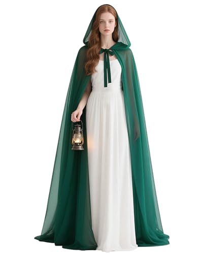 L'VOW Chiffon-Kapuzenumhang – langer Zugfee-Umhang für Hochzeit, Elfe, Halloween, Cosplay, Dunkelgrün, Einheitsgröße von L'VOW