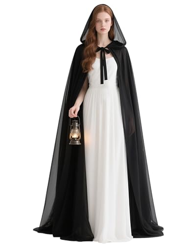 L'VOW Chiffon-Kapuzenumhang – langer Zugfee-Umhang für Hochzeit, Elfe, Halloween, Cosplay, Marineblau, Einheitsgröße von L'VOW