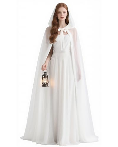 L'VOW Chiffon-Kapuzenumhang – langer Zugfee-Umhang für Hochzeit, Elfe, Halloween, Cosplay, Weiss/opulenter Garten, Einheitsgröße von L'VOW