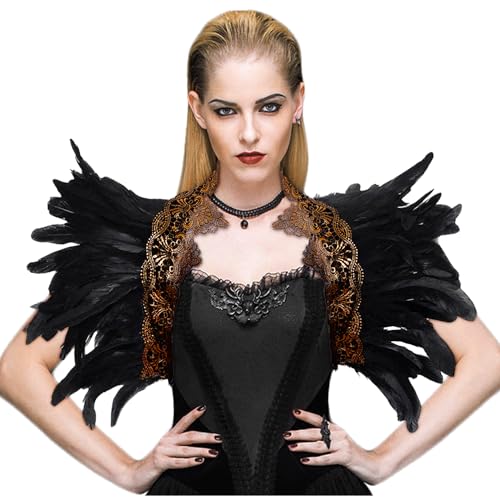 L'VOW Gothic Damen Natürliches Feder Cape Schal Schulterumhang Spitzen kragen Halloween Maleficent Achselzucken Kostüme(Goldschwarz) von L'VOW