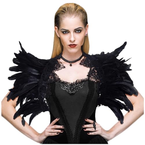 L'VOW Gothic Damen Natürliches Feder Cape Schal Schulterumhang Spitzen kragen Halloween Maleficent Achselzucken Kostüme(Schwarz) von L'VOW