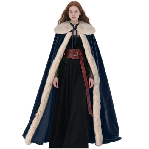L'VOW Wikinger Pelzumhang Renaissance Pelz Umhang Samt Umhang Mittelalter Cosplay Kostüm Damen Herren, Marineblau, Einheitsgröße von L'VOW