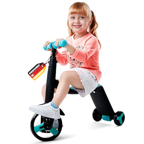 L.A. Sports 3-in-1 Kids Trike kombiniert Laufrad, Dreirad & Roller | Für Kinder ab 2 Jahren | Höhenverstellbarer Lenker | Verstellbare Räder | Mitwachsendes Kinderfahrzeug | Schwarz & Türkis von L.A. Sports