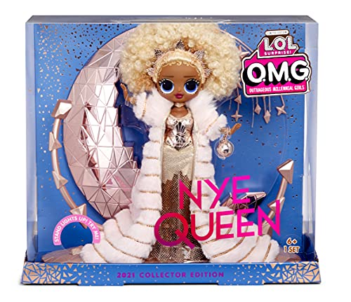 LOL Surprise Holiday OMG 2021 Collector Modepuppe - NYE Queen - Mit goldenen Outfits, Accessoires und beleuchtetem Ständer - Silvester-Look - Tolles Geschenk für Jungen und Mädchen ab 4 Jahren von L.O.L. Surprise!