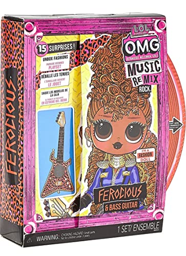 L.O.L. Surprise! OMG Remix Rock FEROCIOUS Modepuppe mit 15 Überraschungen -mit Bassgitarre, Outfit, Schuhen, Bürste, Puppenständer, Songtext-Magazin & Plattenspieler-Paket - Für Mädchen ab 4+ Jahren von L.O.L. Surprise!