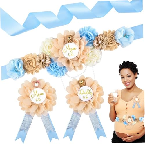 LAANCOO Babyparty-Schärpe, Babyparty-Schärpe, 79-Zoll-Babyparty-Bauchschärpe mit Blumendekor, 1 Umstandsschärpe mit 2 Corsagen, niedliche Teddybär-Babyparty-Dekorationen von LAANCOO