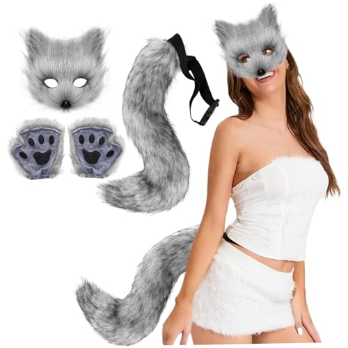 LAANCOO Dunkelgrau Kunstfuchs Fuchs Tail Katze Wolf Cosplay Set, Fox Tail Cosplay, Plüsch Therian Wolf Maske Realistische flauschige Pfotenhandschuhe für Halloween -Weihnachts -Cosplay -Party LAANCOO Dunkelgrau Kunstfuchs Fuchs Tail Katze Wolf Cosplay Set, Fox Tail Cosplay, Plüsch Therian Wolf Maske Realistische flauschige Pfotenhandschuhe für Halloween -Weihnachts -Cosplay -Party von LAANCOO