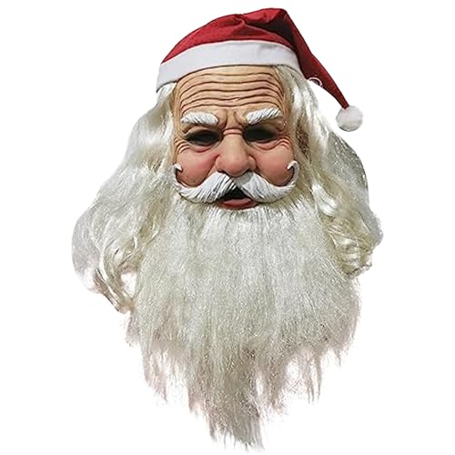 LAANCOO Herren Weihnachtsmann Maske, Weihnachts Latex Maske, Weihnachtsmann Kopfmaske, realistische Weihnachtsmann Alter Mann Maske mit roter Weihnachtsmütze für Party Verkleidung von LAANCOO