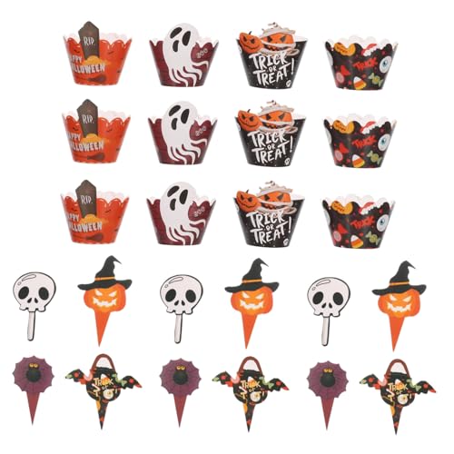 LABRIMP 2 Sätze Halloween Cupcake Toppers und Wrappers mit Fledermaus Kürbis Geist Langlebig und Farbintensiv Teiliges Partydekorationsset für Kuchen Muffins und Getränke Schnelle von LABRIMP