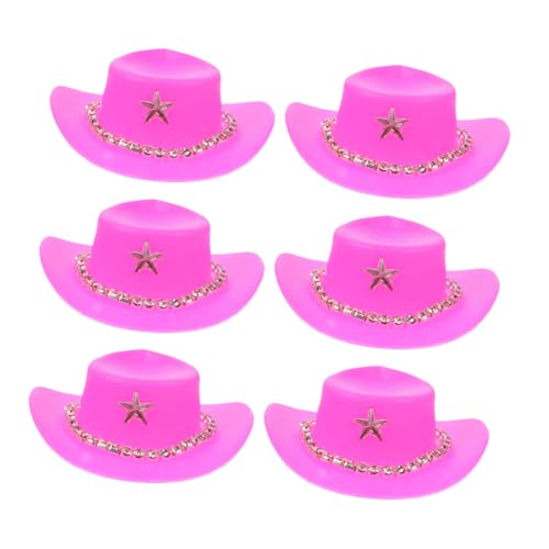 LABRIMP 6 Stück Mini Cowboy Hüte Dekorative Kleine Hüte für Western Party Deko Puppenhaus Basteln Leicht und Tragbar Rosa mit Weißer Strasskette von LABRIMP