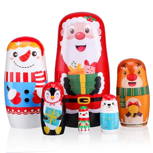 LABRIMP 6 Stück Teiliges Weihnachtsnesting Puppen aus Holz Handbemalte Russische Weihnachtsdekoration mit Santa Claus und Schneemann Motiven Detailreiche Festliche Holzspielzeug Figuren von LABRIMP