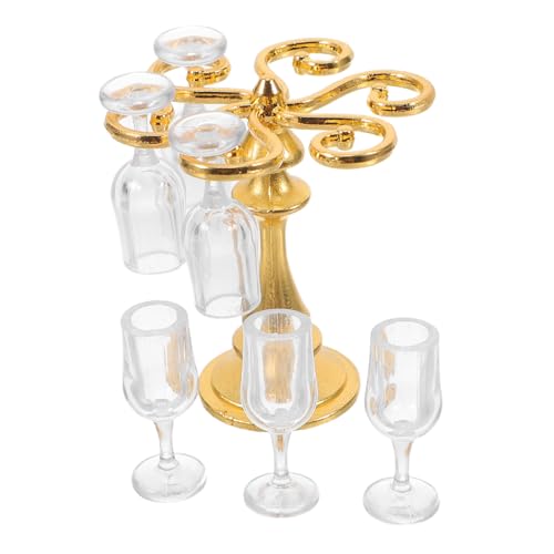 LABRIMP Miniatur Weinregal mit Weingläsern Goldener Metallständer Puppenhaus Deko Micro Landschaft Küchen Esszimmertisch Zubehör für Puppenhaus Miniaturküche von LABRIMP
