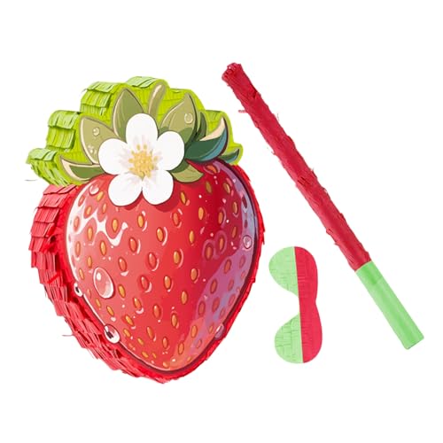 LABRIMP Rote Erdbeer-Piñata mit Augenbinde Lustiges Partyspiel für Erdbeer-Geburtstag Früchte-Motto Inklusive Konfetti Dekoration und Partyzubehör für Kinderfeiern von LABRIMP