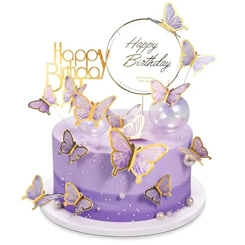 22 Stück Tortendeko Geburtstag,Schmetterlinge Deko Torte,Kuchen Deko,Cake Topper Geburtstag,Tortendeko Mädchen,Torten Deko,für Hochzeit,Party,Essen Dekoration (Lila) von LABUYI
