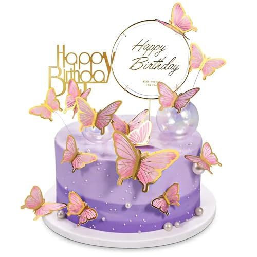 22 Stück Tortendeko Geburtstag,Schmetterlinge Deko Torte,Kuchen Deko,Cake Topper Geburtstag,Tortendeko Mädchen,Torten Deko,für Hochzeit,Party,Essen Dekoration (Rosa) von LABUYI