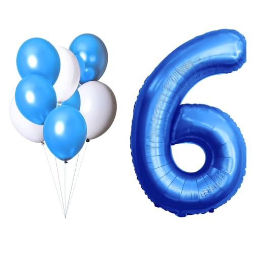 LAC EVERYTHING EVERYWHERE Luftballon 6 - Set mit 5 Luftballon Blau und 3 Weißen - Deko 6. Geburtstag Junge - Folienballon Zahl Deko Blau - Helium oder Luft Aufblasbar von LAC EVERYTHING EVERYWHERE