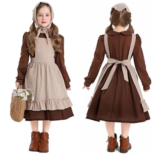 LAEMILIA Kolonialmädchen-Kostüm für Kinder, historisches Verkleiden, Mädchen, Pionier-Outfit, Halloween-Kostüme, Mittelalter-Kostüm, Bauernkleider, Dienstmädchen, Schürze, Motorhaube, Hut, Alter 2–16 LAEMILIA Kolonialmädchen-Kostüm für Kinder, historisches Verkleiden, Mädchen, Pionier-Outfit, Halloween-Kostüme, Mittelalter-Kostüm, Bauernkleider, Dienstmädchen, Schürze, Motorhaube, Hut, Alter 2–16 von LAEMILIA