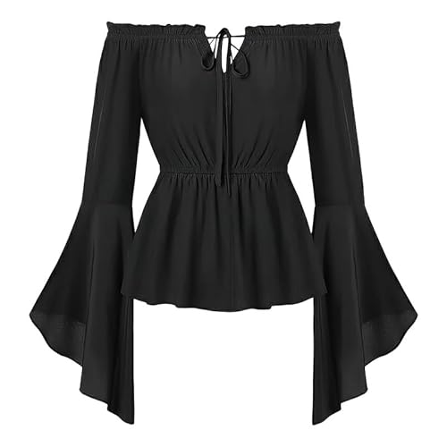 LAEMILIA Mittelalterliches Piratenhemd für Damen, Glockenärmel, Renaissance-Bluse, Vintage, schulterfrei, Schnürung, Gothic-Top, Halloween-Kostüme, Erwachsene, Größen 36-50 (S-XXL) von LAEMILIA