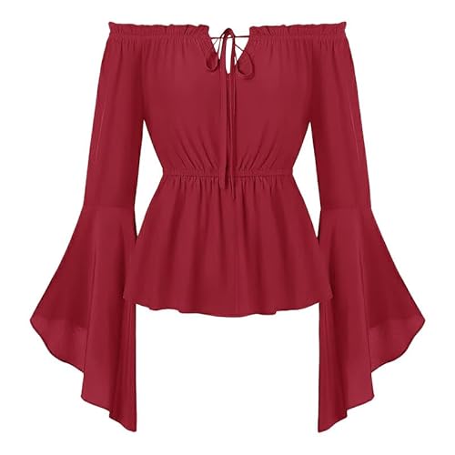 LAEMILIA Mittelalterliches Piratenhemd für Damen, Glockenärmel, Renaissance-Bluse, Vintage, schulterfrei, Schnürung, Gothic-Top, Halloween-Kostüme, Erwachsene, Größen 36-50 (S-XXL) von LAEMILIA