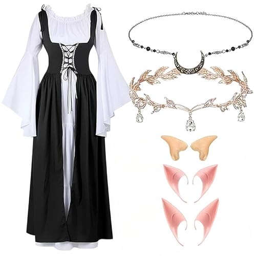LAEMILIA Renaissance-Kleid für Damen, mittelalterliches Kostüm, viktorianisches Feen-Outfit, Blumenkrone, Stirnband, Elfenohren, Halloween-Kostüme, Erwachsene, Cosplay-Zubehör, XS-3XL von LAEMILIA