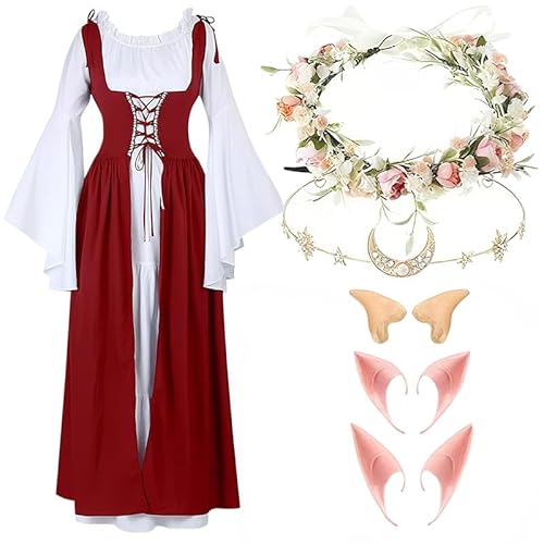 LAEMILIA Renaissance-Kleid für Damen, mittelalterliches Kostüm, viktorianisches Feen-Outfit, Blumenkrone, Stirnband, Elfenohren, Halloween-Kostüme, Erwachsene, Cosplay-Zubehör, XS-3XL von LAEMILIA