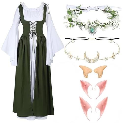 LAEMILIA Renaissance-Kleid für Damen, mittelalterliches Kostüm, viktorianisches Feen-Outfit, Blumenkrone, Stirnband, Elfenohren, Halloween-Kostüme, Erwachsene, Cosplay-Zubehör, XS-3XL von LAEMILIA