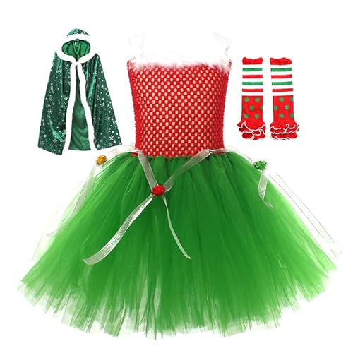 LAEMILIA Weihnachtskostüm für Mädchen - Ärmelloses Weihnachtskleid aus Tüll mit Kapuze - Weihnachtsmann Umhang - Weihnachtsbaum Stirnband - Beinstulpen für kleine Mädchen im Alter von 2-12 Jahren von LAEMILIA