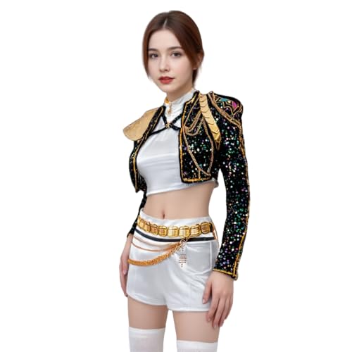 LAFUFU Kpop Cosplay Kostüm, Paillettenjacke und weißer Rock mit goldenen Accessoires für Halloween (STYLE1, M) von LAFUFU