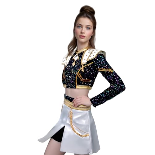 LAFUFU Kpop Cosplay Kostüm, Paillettenjacke und weißer Rock mit goldenen Accessoires für Halloween (STYLE2, L) von LAFUFU