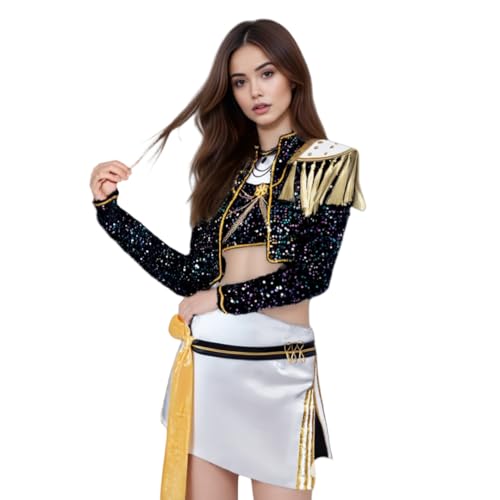 LAFUFU Kpop Cosplay Kostüm, Paillettenjacke und weißer Rock mit goldenen Accessoires für Halloween (STYLE3, S) von LAFUFU