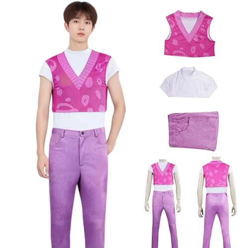 LAFUFU Kpop Cosplay-Kostüm, Saja Jungen-Cosplay-Kostüm, Jinu Friend, Cosplay, violette Weste mit Jeans, Handärmel für Halloween, Comic-Con, Aufführung (rosa Weste + Hose, Größe 2XL) von LAFUFU