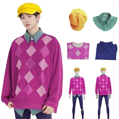LAFUFU Kpop Cosplay-Kostüm, Saja Jungen-Kostüm, K-Pop-Cosplay-Sweatshirts mit Newsboy-Kappe, Jeans, Jinu-Kostüme, Rosen-Argyle-Sweatshirt mit Newsboy-Kappen für Halloween, Bühnenauftritte, Rosa und von LAFUFU