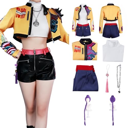 LAFUFU Kpop Cosplay-Kostüm, Streetwear-Jacke mit kurzen Hosen, Damen, Halloween, Karneval, Faschingskostüm-Outfits für Bühnenauftritte und Comic-Con (Gelb + Weiß, Größe 3XL) von LAFUFU