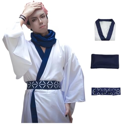 LAFUFU Sukuna Cosplay Kostüm, JJK Gojo's Gegner Sukuna Cosplay Outfit Kimono Komplettes Set für Halloween Karneval Party (Weiß, XXL) von LAFUFU