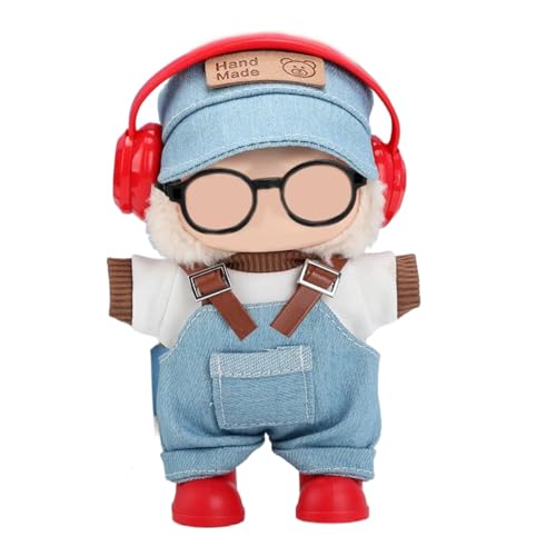 17 cm Puppenkleider-Set für süße Cartoon-Puppen, T-Shirt, Overall, Brillengestell, Schuhe, Kopfhörer, stilvolles Outfit (Puppe nicht im Lieferumfang enthalten) (Rot) von LAIBUY