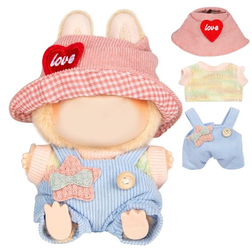 17 cm Puppenkleidung – Kawaii Chic Stil Set für 17 cm Puppen, süßes Puppen-Outfit mit Zubehör – buntes T-Shirt + hellblauer Stern-Strampler + herzförmiger rosa Hut (nur Kleidung) von LAIBUY