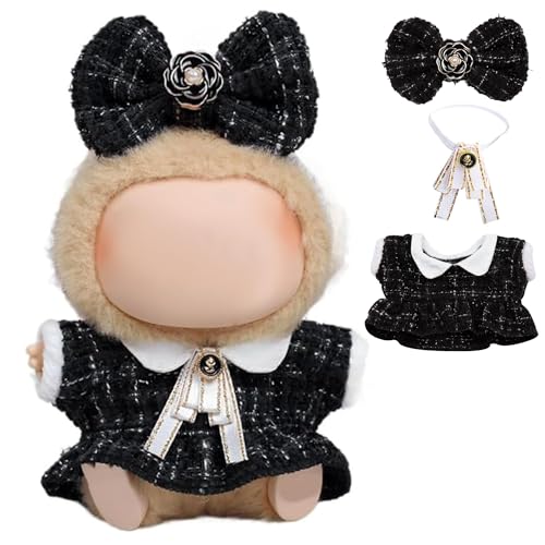 17 cm Puppenkleidung - Luxuriöses schickes Stil-Set für 17 cm große Puppen, Premium-Puppen-Outfit mit Zubehör, schwarzes kariertes Tweed-Kleid + weiße Krawatte + karierte Schleife (nur Kleidung) von LAIBUY