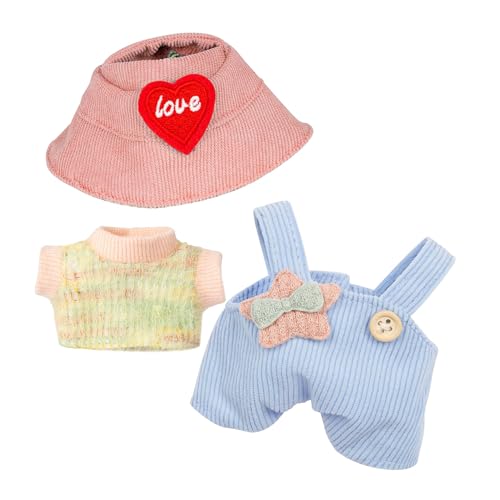 17 cm Puppenkleidung für L-bu – Kawaii-Chic-Stil Set für 17 cm große Puppen, süßes Puppen-Outfit mit Zubehör, buntes T-Shirt + hellblauer Stern-Strampler + herzförmiger rosa Hut (nur Kleidung) von LAIBUY