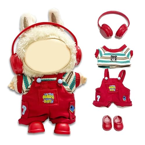 17 cm Puppenkleidung rot (keine Puppe) – 17 cm Puppenkleidung, Zubehör für Modepuppen, 4-teiliges Set: rotes T-Shirt + Latzhose + Schuhe + Kopfhörer, kleines süßes Kawaii-Kleidungsset für Puppen von LAIBUY