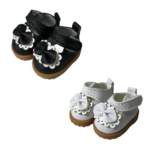 2 Paar 17 cm Puppenschuhe, Mini Mary Jane Lederpuppenschuhe mit Schleifen-Dekor für 15 cm 17 cm Puppe, niedliche Puppenkleidung & Outfit-Zubehör für 6,7 Zoll Puppen (Weiß & Schwarz) von LAIBUY