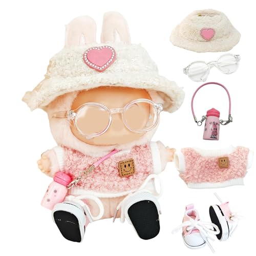 Fünfteiliges Set Puppenkleidung (keine Puppe) für 17 cm große Puppen, einschließlich Kleidung, Hüte, Hosen, Schuhe, Brillen, Haarnadeln, Kameras, Puppenzubehör (fünfteiliges Rosa) von LAIBUY