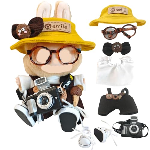 Kleidung für Puppe, 7-teiliges Set (keine Puppe), für 17 cm große Puppen, einschließlich Kleidung, Hüte, Hosen, Schuhe, Brillen, Haarnadeln, Kameras, Puppenzubehör (braun) von LAIBUY