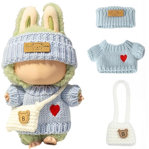 Kleidung für Puppe (keine Puppe), handgefertigtes Häkelzubehör, 3-teiliges Premium-Outfit, Herz-Pullover + Hut + Tasche, niedliche Kleidung zum Anziehen, einzigartiger Stil (Blau) von LAIBUY