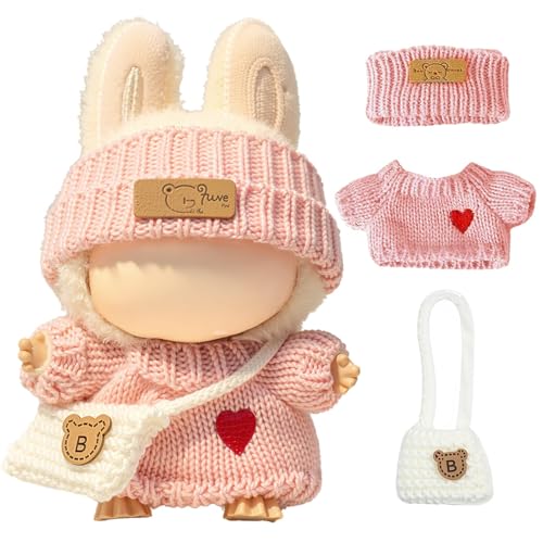 Kleidung für Puppe (keine Puppe), handgefertigtes Häkelzubehör, 3-teiliges Premium-Outfit, Herz-Pullover + Hut + Tasche, niedliche Kleidung zum Anziehen, einzigartiger Stil (Rosa) von LAIBUY