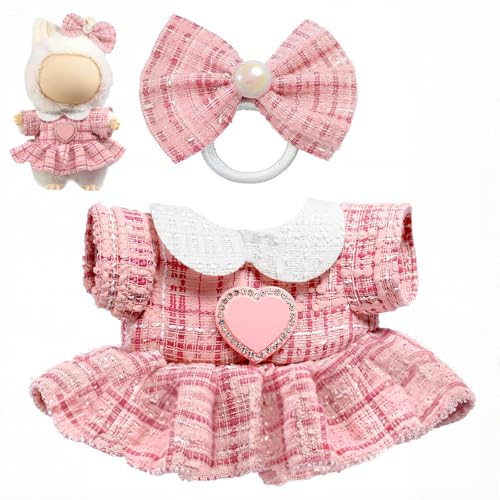 Kleidung für Puppe (keine Puppe), luxuriöses schickes 2-teiliges Zubehör 17 cm Puppen, Premium-Mode-Outfits – Schleifenkopfschmuck + kariertes Tweed-Kleid (Rosa) von LAIBUY