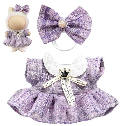 Kleidung für Puppe (keine Puppe), luxuriöses schickes 2-teiliges Zubehör 17 cm Puppen, Premium-Mode-Outfits – Schleifenkopfschmuck + kariertes Tweed-Kleid (lila) von LAIBUY